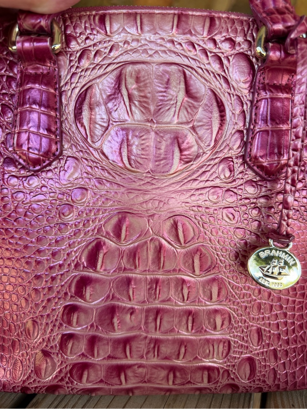 Brahmin Metallic Pink Croc-Embossed Satchel Bag - Picture 12 of 15